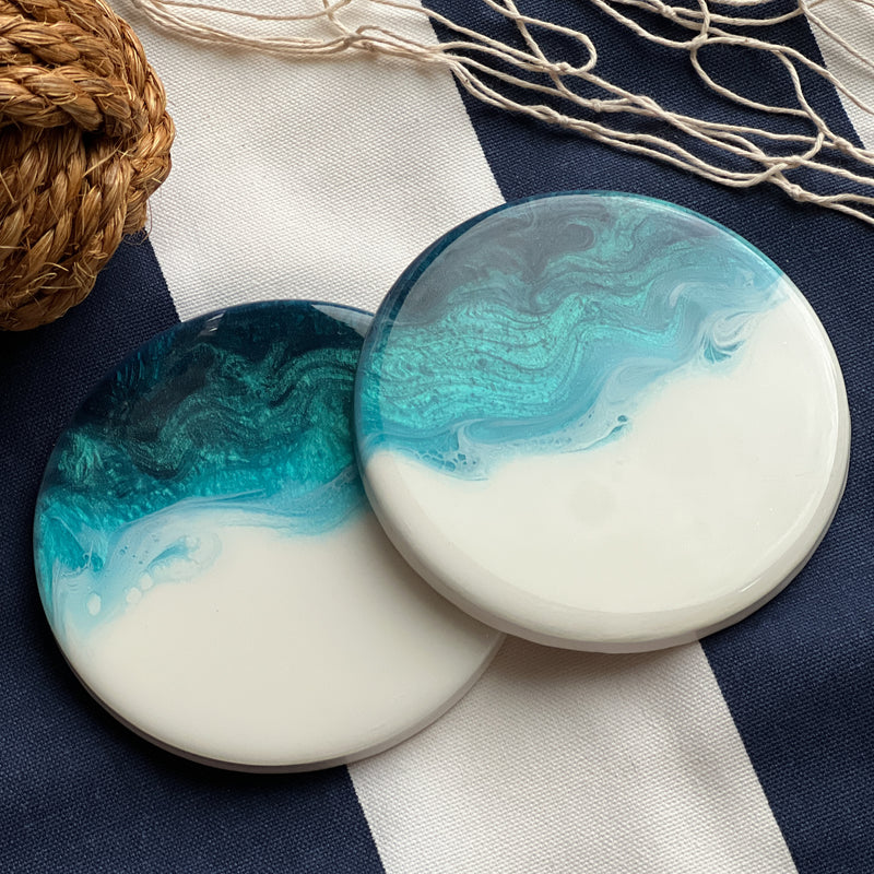 Blue, Turquoise & White Ombre Abstract Art Coasters (Set of 2)