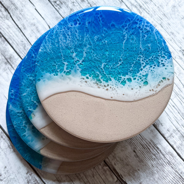 Turquoise and Blue Ocean Beach Coasters (Set of 4)