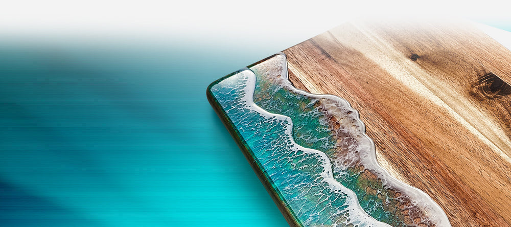 Turquoise ocean waves on wood cutting board