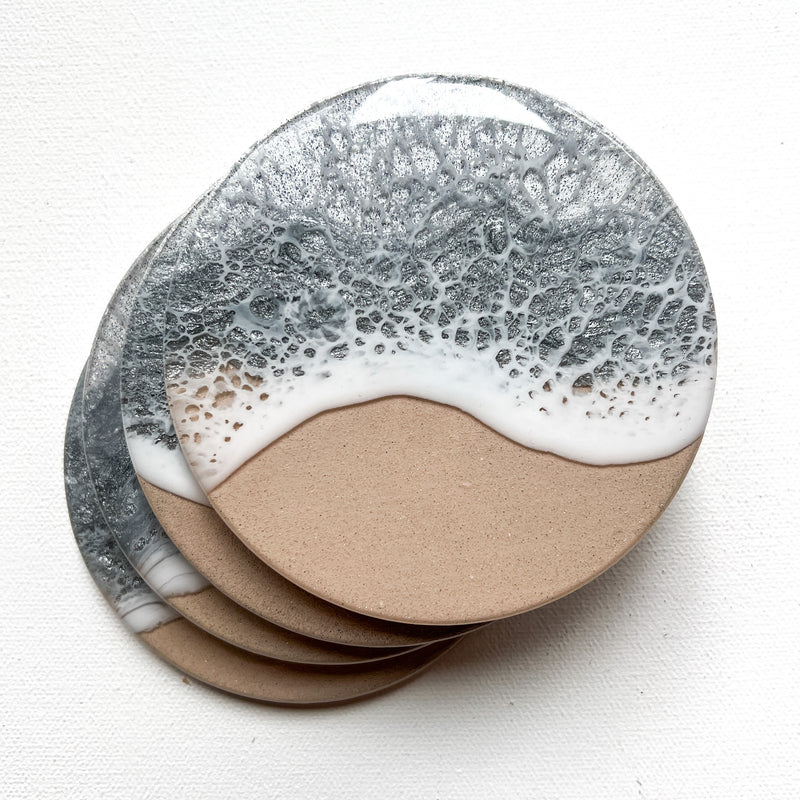 Sparkling Silver Ocean Beach Coasters (Set of 4)